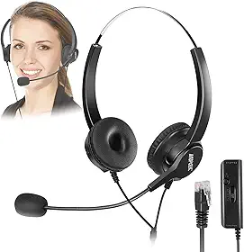 AGPTEK Fone de ouvido binaural com cancelamento de ruído para call center mãos-livres, com cabeça de cristal RJ9 de 4 pinos e microfone para telefone de mesa – Serviços de aconselhamento telefônico