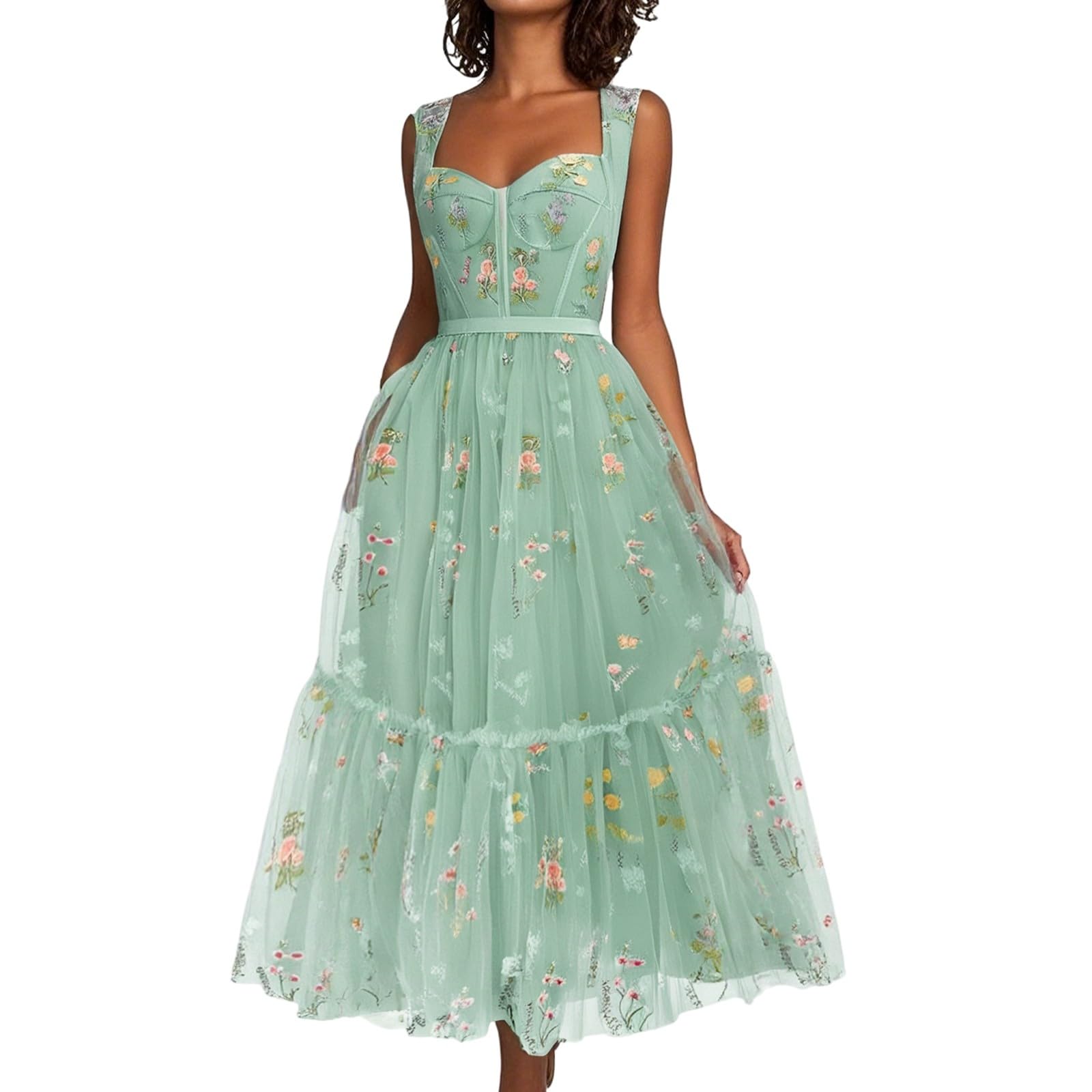 Vestido de Noche Formal para Mujer con Bordado Floral y Corte A en Largo Rodilla