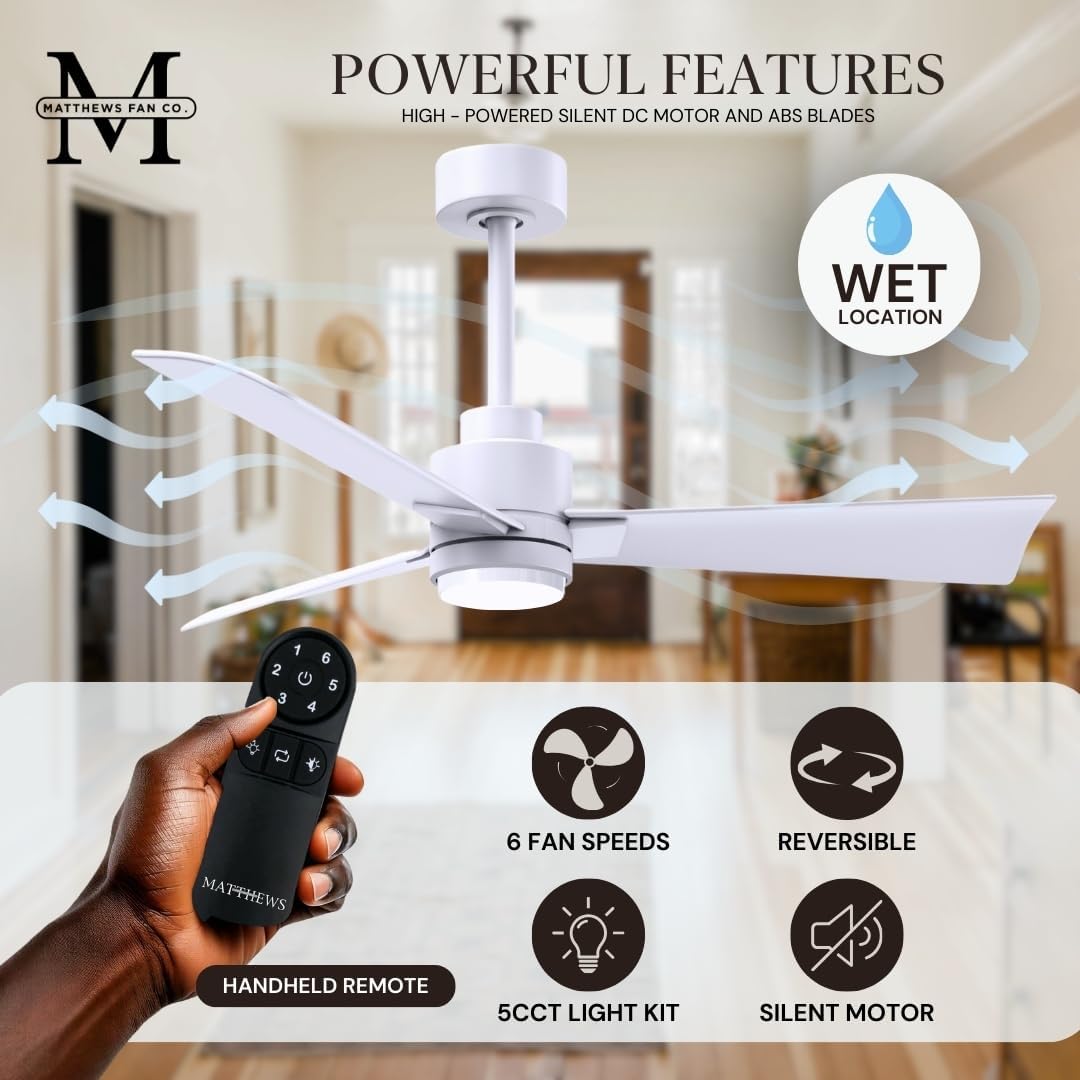 Matthews AKLK-MWH-MWH-42 Alessandra Indoor/Outdoor Wet Rated 42" Downrod Mount Ceiling Fan with LED Light and Remote, Matte White