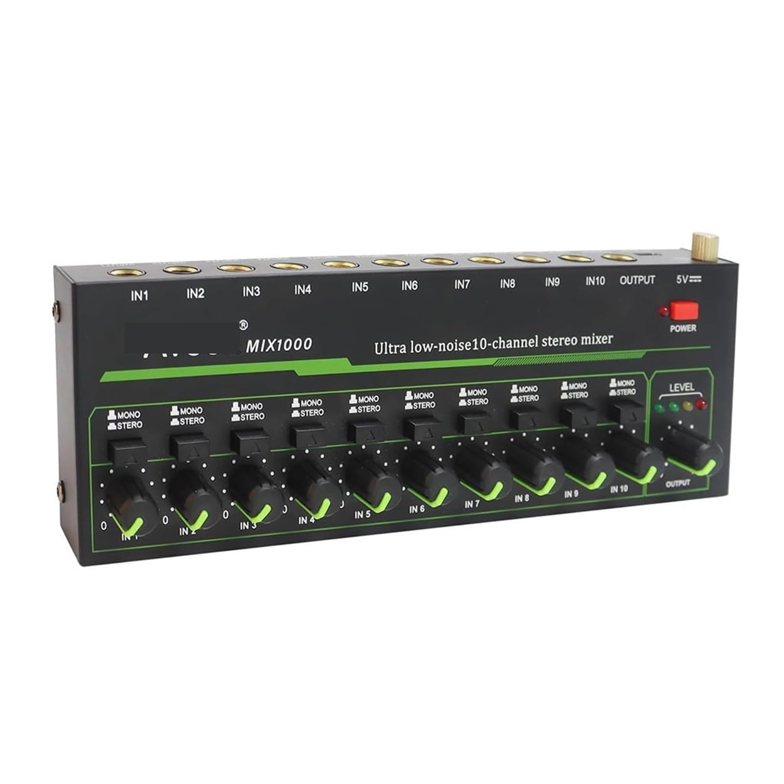Mikser 10-kanałowy - Mini mikser stereo 10, niski poziom szumów do precyzyjnego miksowania podrzędnego, wejście/wyjście TRS 1/4" dla mikrofonów