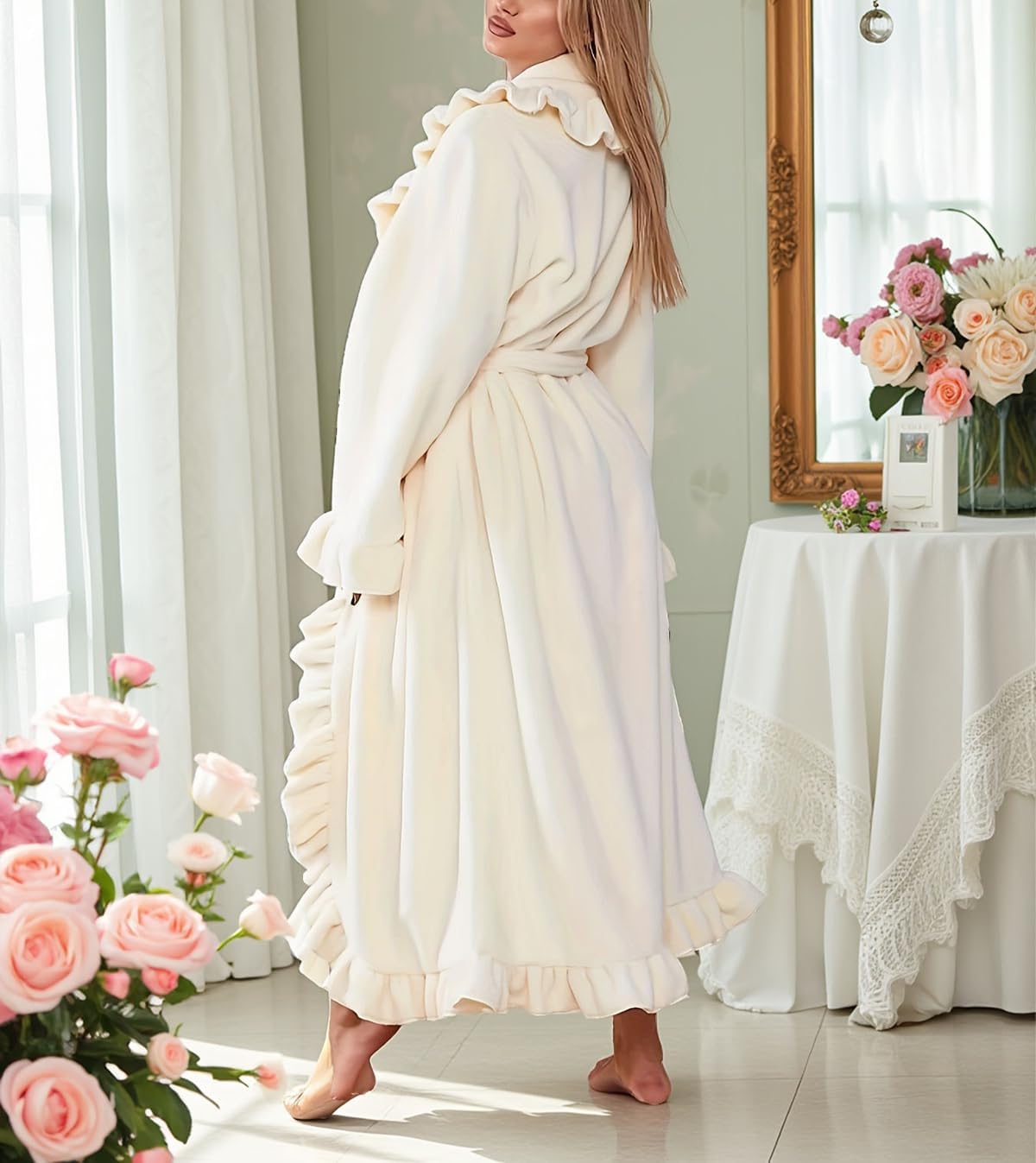 codcm Women's Flannel Robe Fuzzy Soft Ruffle Ankle Length Fleece Robes Fashion Long Sleeve Sleepwear with Side Pockets