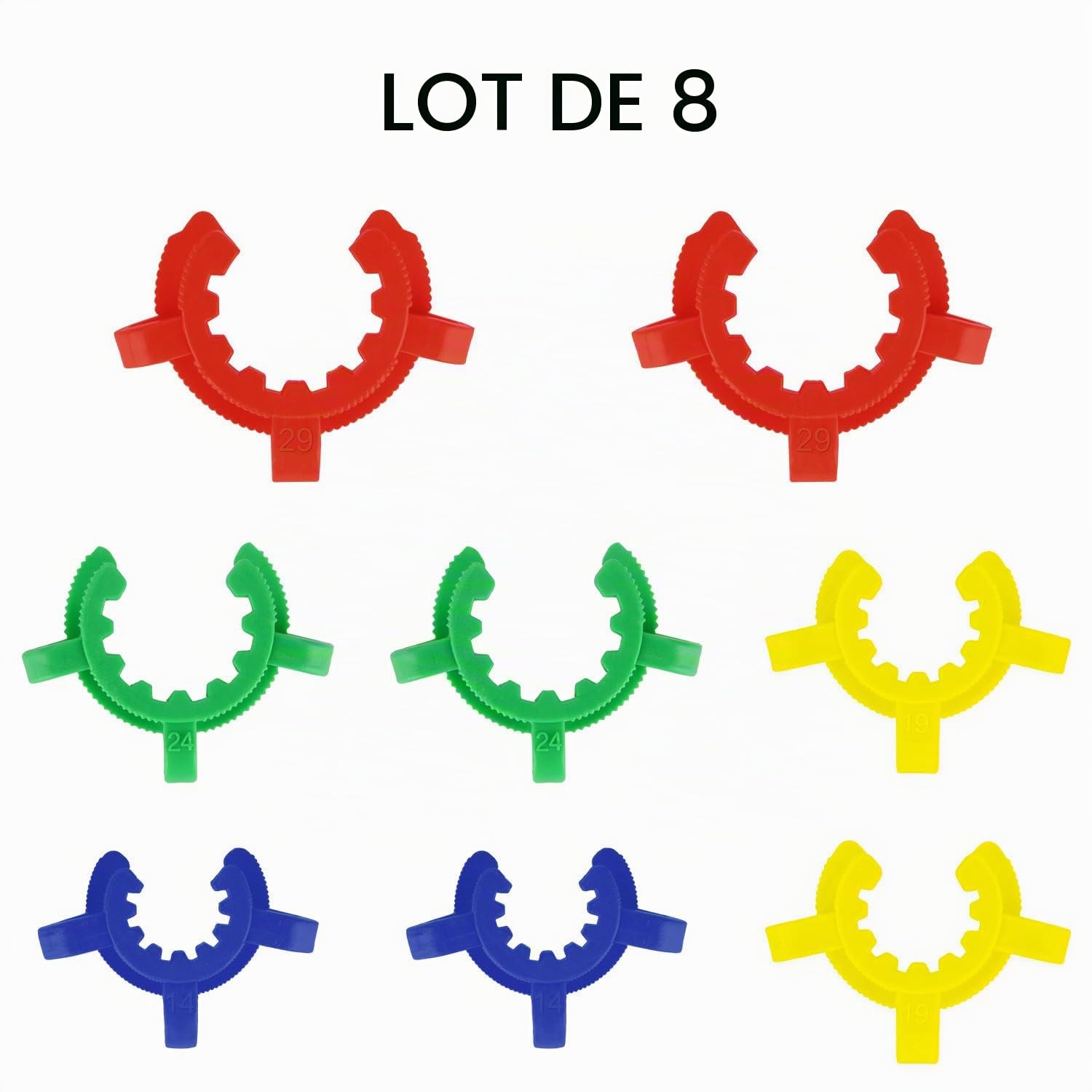 stonylab Clips de Joint en Plastique, 8 pcs Lab Keck Clamp 14 mm/19 mm/24 mm/29 mm Clips pour Standard Verre Conique Interface Clip Ground Verre Joint Lab Accessoire, Assorties Taille et Couleurs