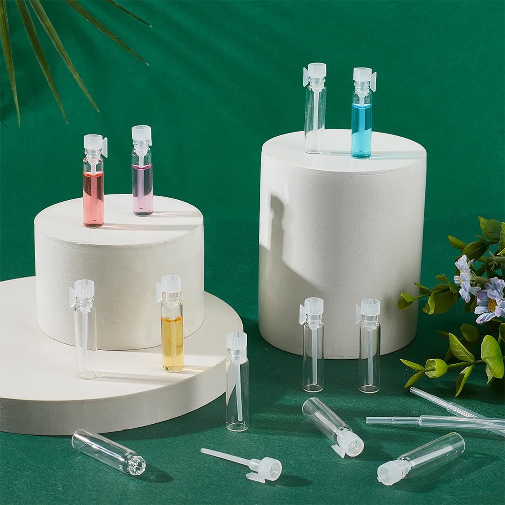 OLYCRAFT 150Pcs 1ML Mini Empty Glass Perfume Essential Oils Mini Perfume Vials Glass Refillable Perfume Bottles with White Plastic Cap Perfume Sample Bottles for Travel and Party