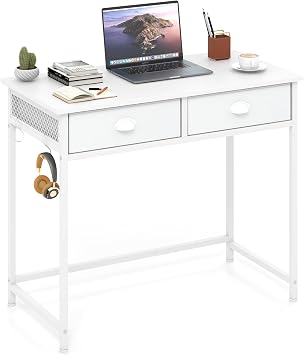 COSTWAY Computer Desk with 2 Drawers & 4 Hooks, 90 x 45 x 75cm White