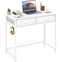 COSTWAY Computer Desk, Wooden PC Laptop Table Writing Workstation with 2 Drawers and 4 Hanging Hooks, Simple Home Office Working Gaming Study Desk, 90 x 45 x 75 cm White