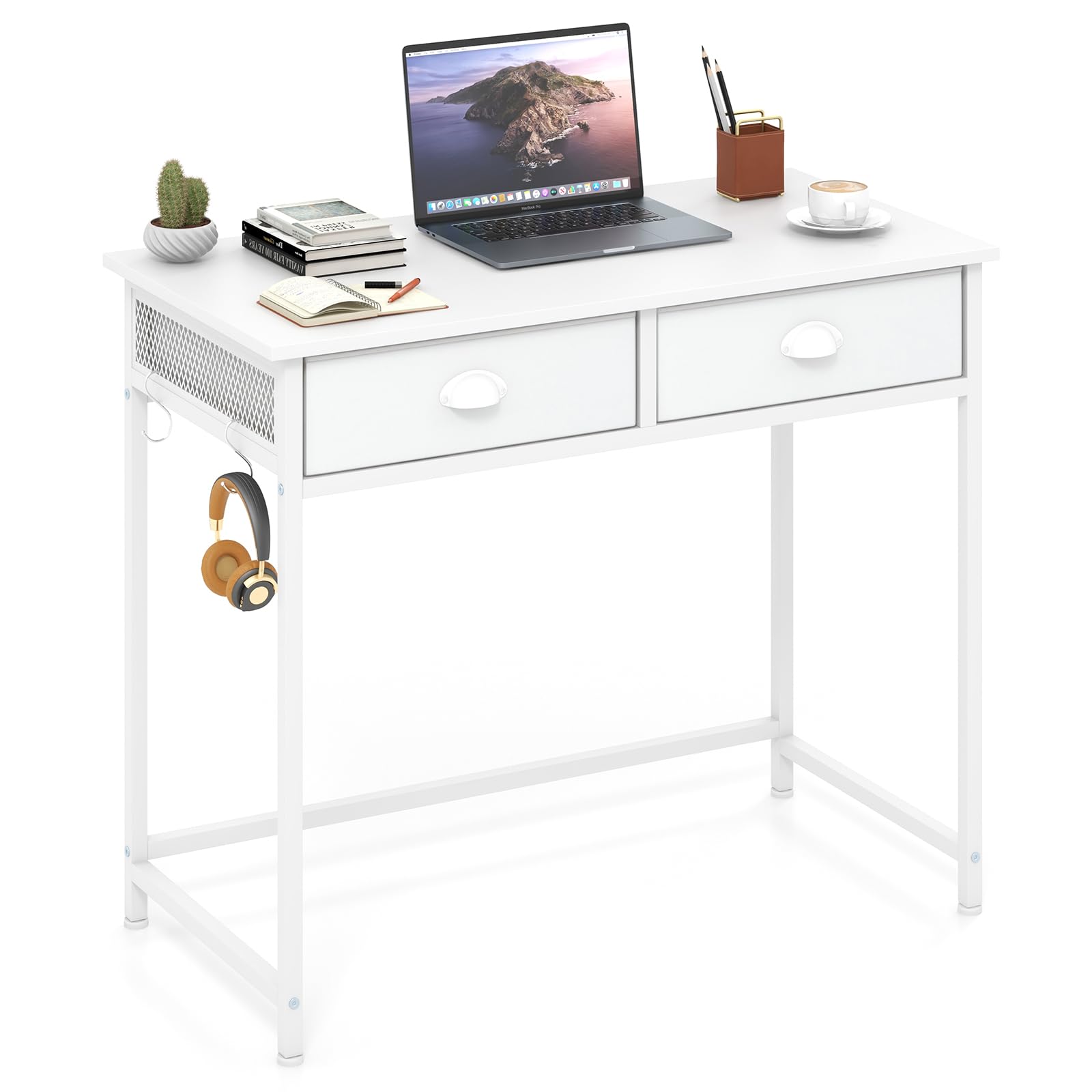 COSTWAY Escritorio Pequeño 90 x 45 x 75 cm, Escritorio con 2 Cajones de Tela, 4 Ganchos Colgantes y Estructura de Metal, Mesa Oficina Estudio Salon, Blanco
