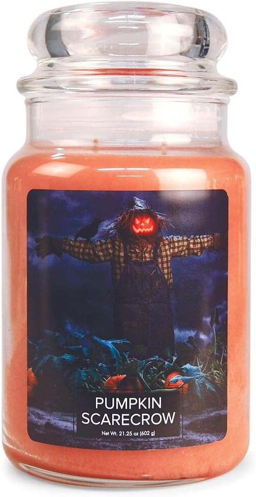 Pumpkin Scarecrow Large Glass Apothecary Jar, Scented Candle, 21.25 oz., Orange