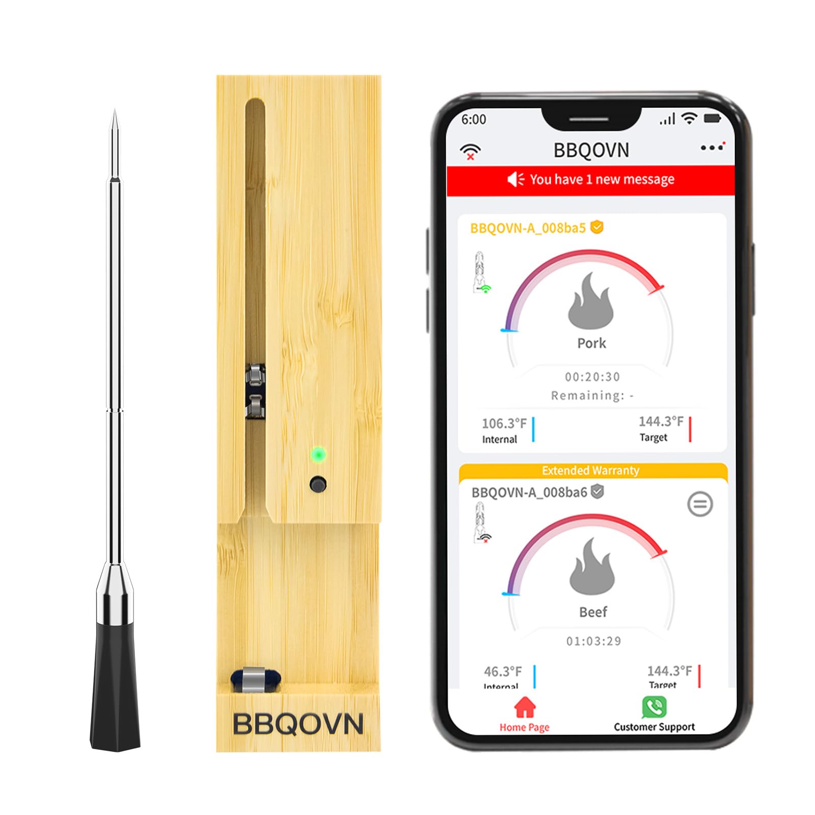 BBQOVN Smart Wireless Meat Thermometer Zero Wire with APP Remote Bluetooth Meat Thermometer, Food Thermometer for Remote Monitoring of BBQ Grill, Oven,Smoker,Pan (1, Black, Small)