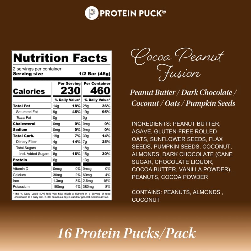 Image of Protein Puck Plant Based Protein Bars 16 Count 3.25oz Full Size CocoaFusion | Snacks with Vegan Protein, Gluten Free, Non Dairy, Kosher Certified Non GMO Premium Healthy Bars