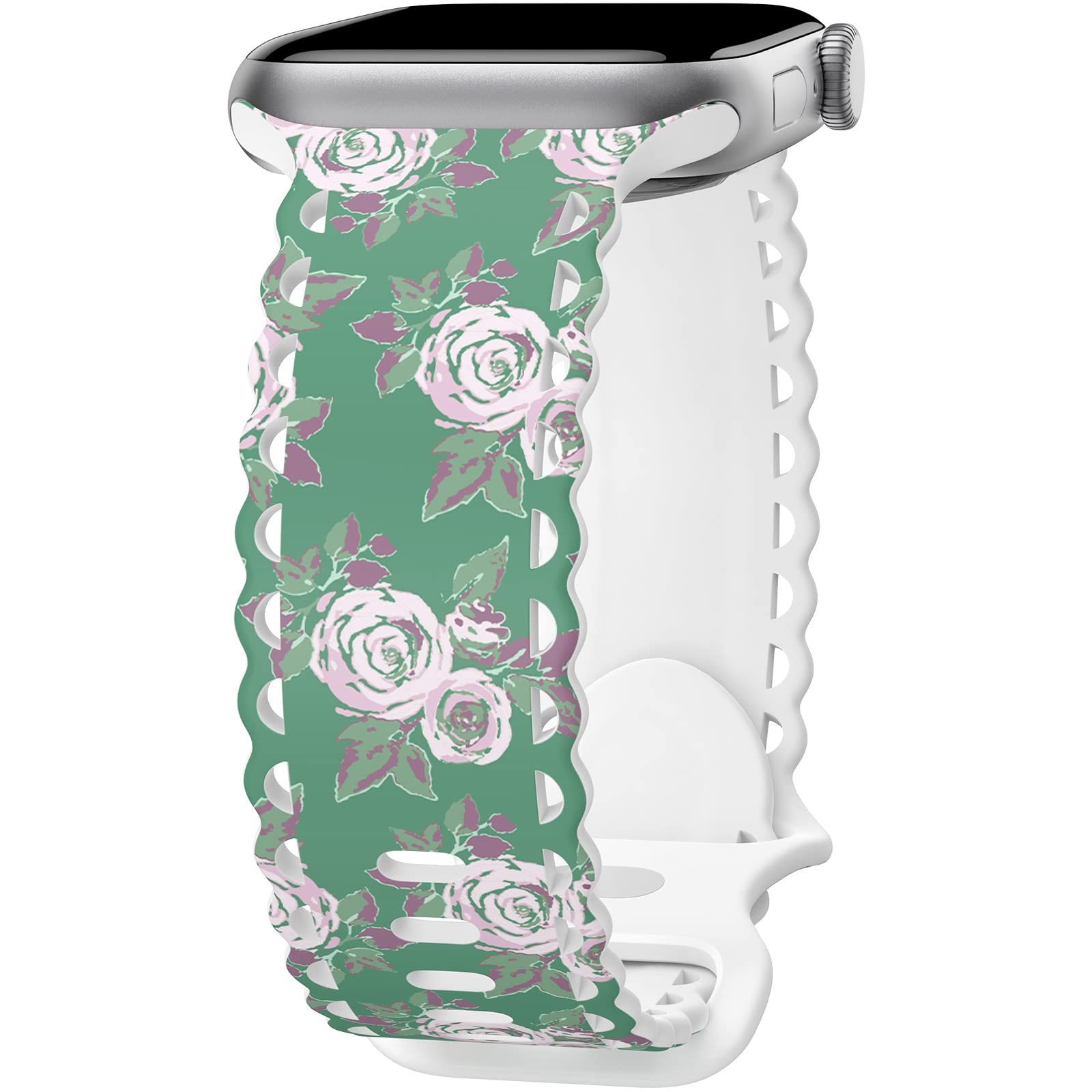 Compatible with Apple Watch Band 41mm 40mm 38mm 49mm 45mm 44mm 42mm Women, Rose Floral Print Lace Hollow-out Soft Silicone Sport Bands For iWatch Ultra SE Series 10 9 8 7 6 5 4 3 2, RoG-42
