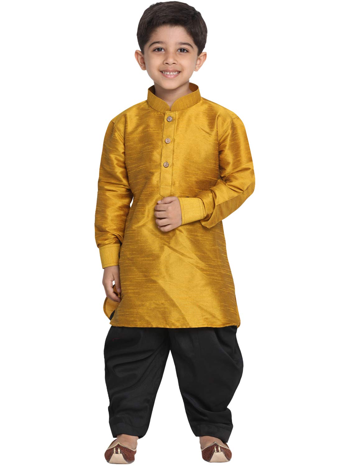 Jbn Creation Boys' Mustard And Black Silk Blend Kurta And Dhoti Set (B1608)