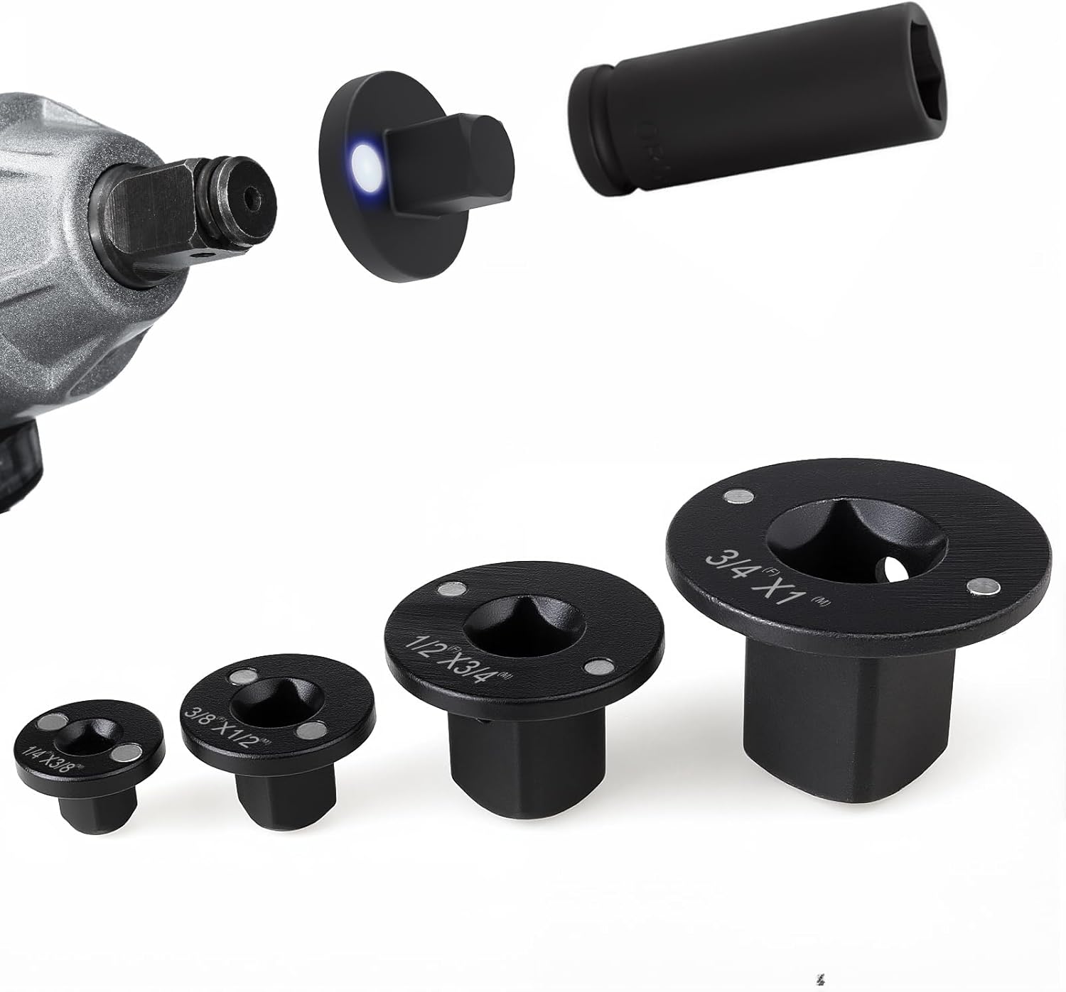 4PCS Low Profile Impact Socket Adapter Set, Low Profile Socket Adapter for Tight Spaces, 3/4" to 1", 1/2" to 3/4", 1/2" | 1/4'' to 3/8", for Automotive & DIY Tools