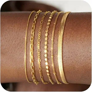 Bracelet for Women - Dainty Stack Bracelets Trendy Adjustable 14K Gold Plated Thin Paperclip Bead Box Satellite Figaro Cuban Link Chain Bracelet Set for Women Waterproof Jewelry Gift