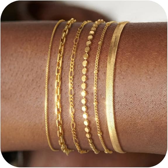 Bracelet for Women - Dainty Stack Bracelets Trendy Adjustable 14K Gold Plated Thin Paperclip Bead Box Satellite Figaro Cuban Link Chain Bracelet Set for Women Waterproof Jewelry Gift