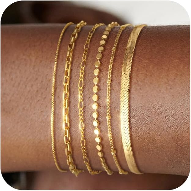 Bracelet for Women - Dainty Stack Bracelets Trendy Adjustable 14K Gold Plated Thin Paperclip Bead Box Satellite Figaro Cuban Link Chain Bracelet Set for Women Waterproof Jewelry Gift