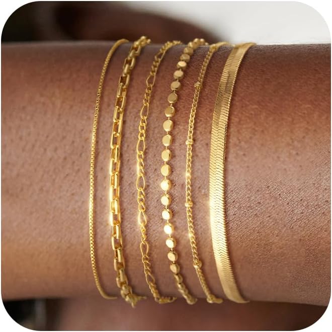Bracelet for Women - Dainty Stack Bracelets Trendy Adjustable 14K Gold Plated Thin Paperclip Bead Box Satellite Figaro Cuban Link Chain Bracelet Set for Women Waterproof Jewelry Gift