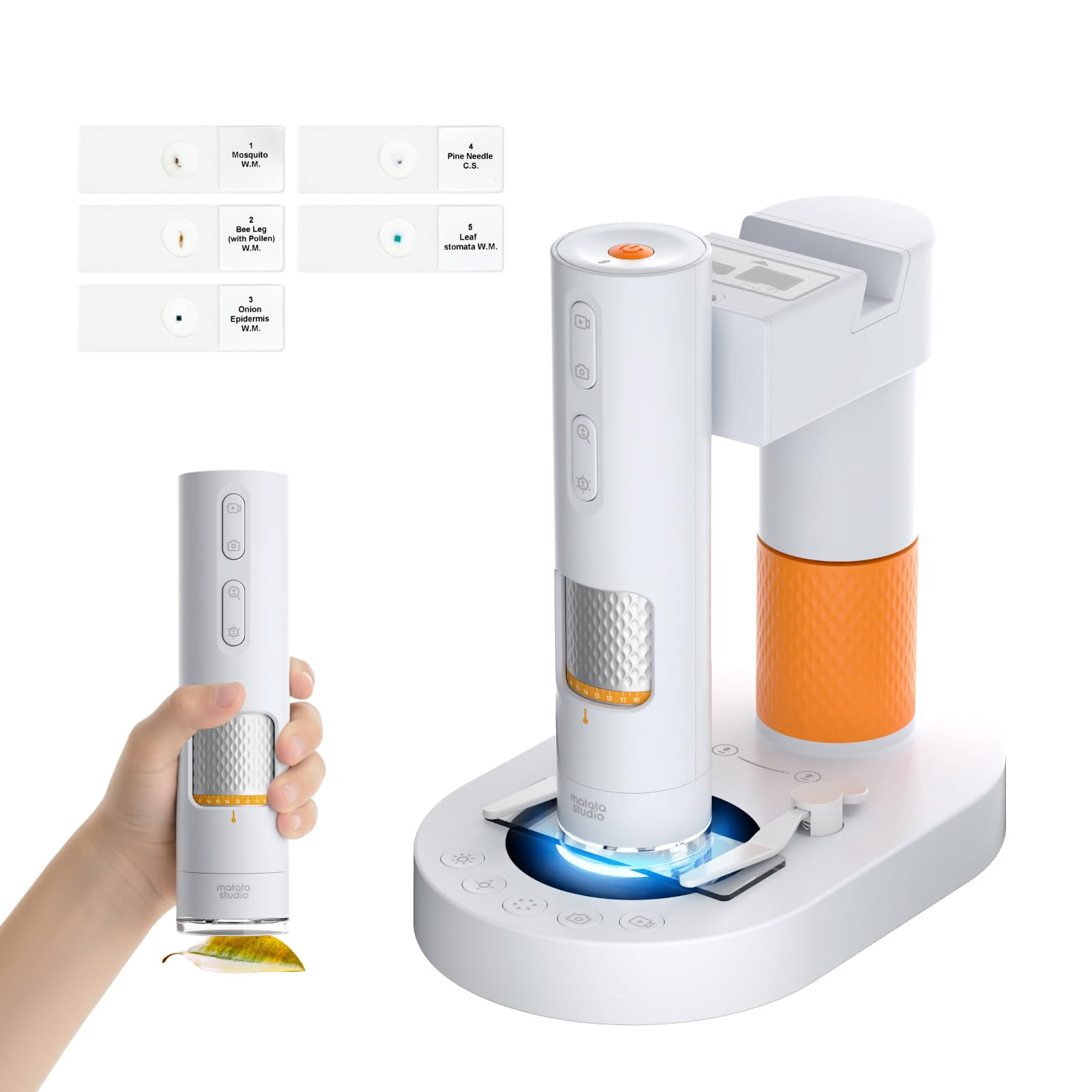 Mikroskop für Kinder, MatataStudio MX1-AS USB Digitales Mikroskop mit 3,5x-1000x, Multifunktionsstativ, 2*LEDs, Objektträger, unterstützt Foto/Video, Tragbares Handmikroskop für Handy & iPad