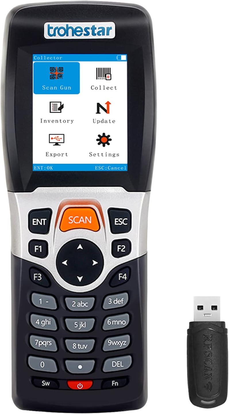 Trohestar Wireless Barcode Scanner and Collector Portable Data Terminal Inventory Device USB Barcode Scanner 1D PDT with 2.2 Inch TFT Color LCD Screen