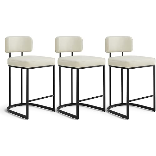 26" H Counter Height Bar Stools Set of 3, Modern Faux Leather Upholstered Barstools with Backrest for Kitchen Island, Black Metal Frames, Cream