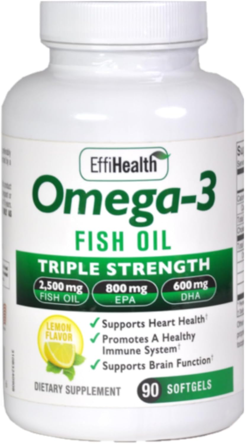 EffiHealth Omega-3 Fish Oil – Triple Strength 2500mg Fish Oil, 1200mg EPA, 600mg DHA – Supports Hearth Health, Brain health and Immune Support – Lemon Flavor, Burpless Fish Oil
