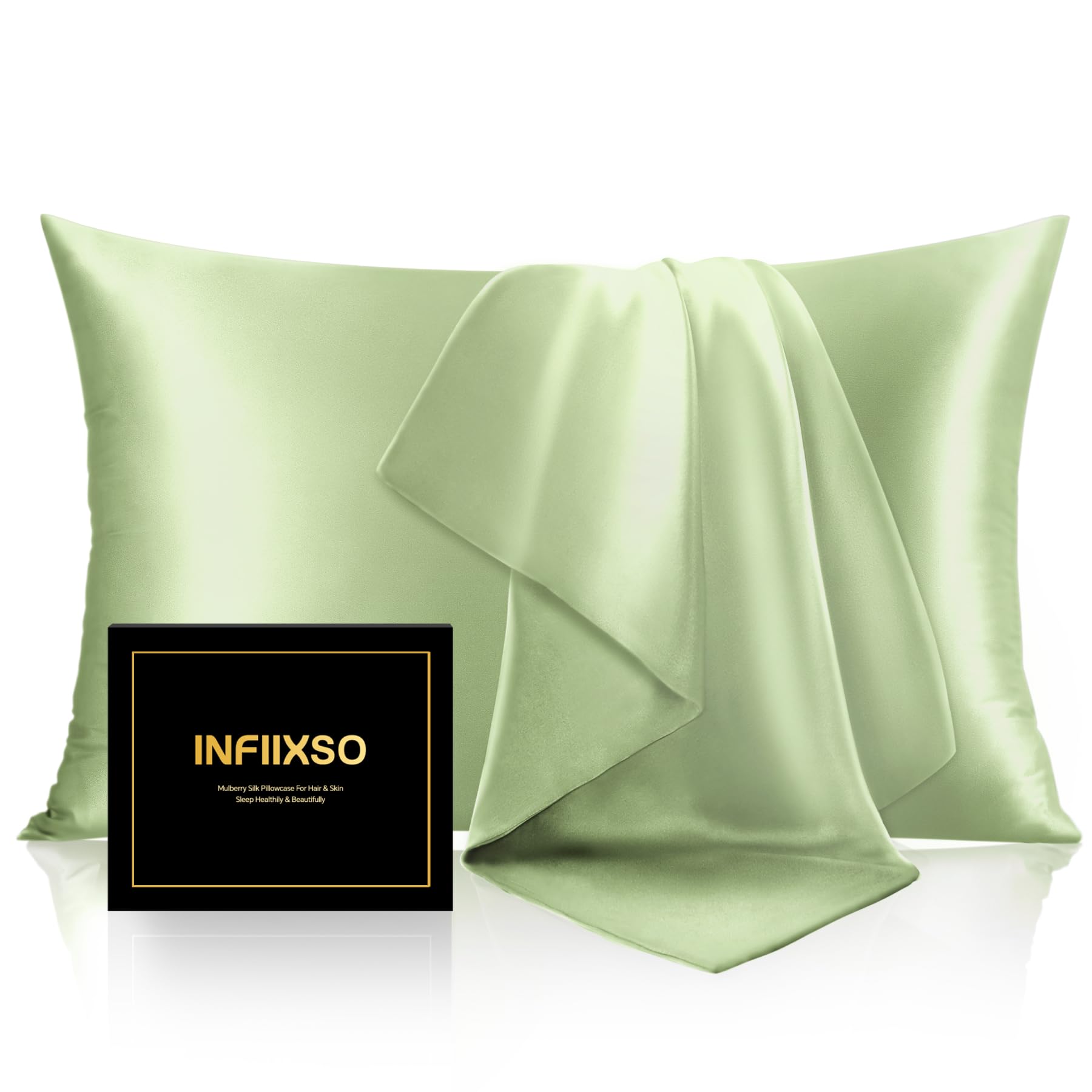 Infiixso Women's Sage Green Mulberry Silk Pillowcase For Hair And Skin, Silk Pillow Cases Queen Size Set Of 2 With Hidden Zipper 20"X30", Ultra Smooth And Soft Cooling Pillow Cases For Hot Sleepers(, 2 Pack)