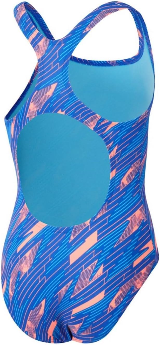 Speedo Hyperboom Allover Medalist Badeanzug Chlorbeständig Schnelltrocknend für Mädchen, Sirenenrot/Echtes Kobaltblau/Picton-Blau, 7-8 Jahre
