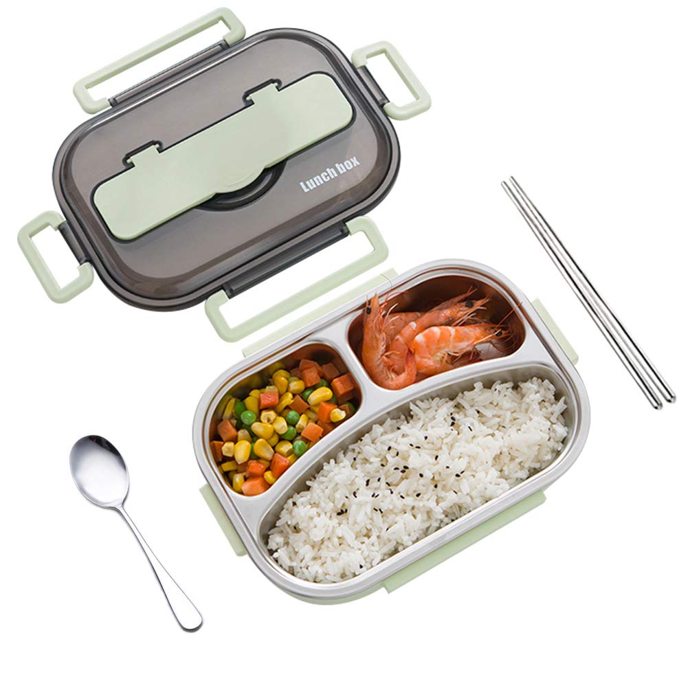 amropi Bento Box Stainless Steel Lunch Containers 2/3/4/5 Compartment Food Storage with Chopsticks and Spoon (Green, 3 Compartment)