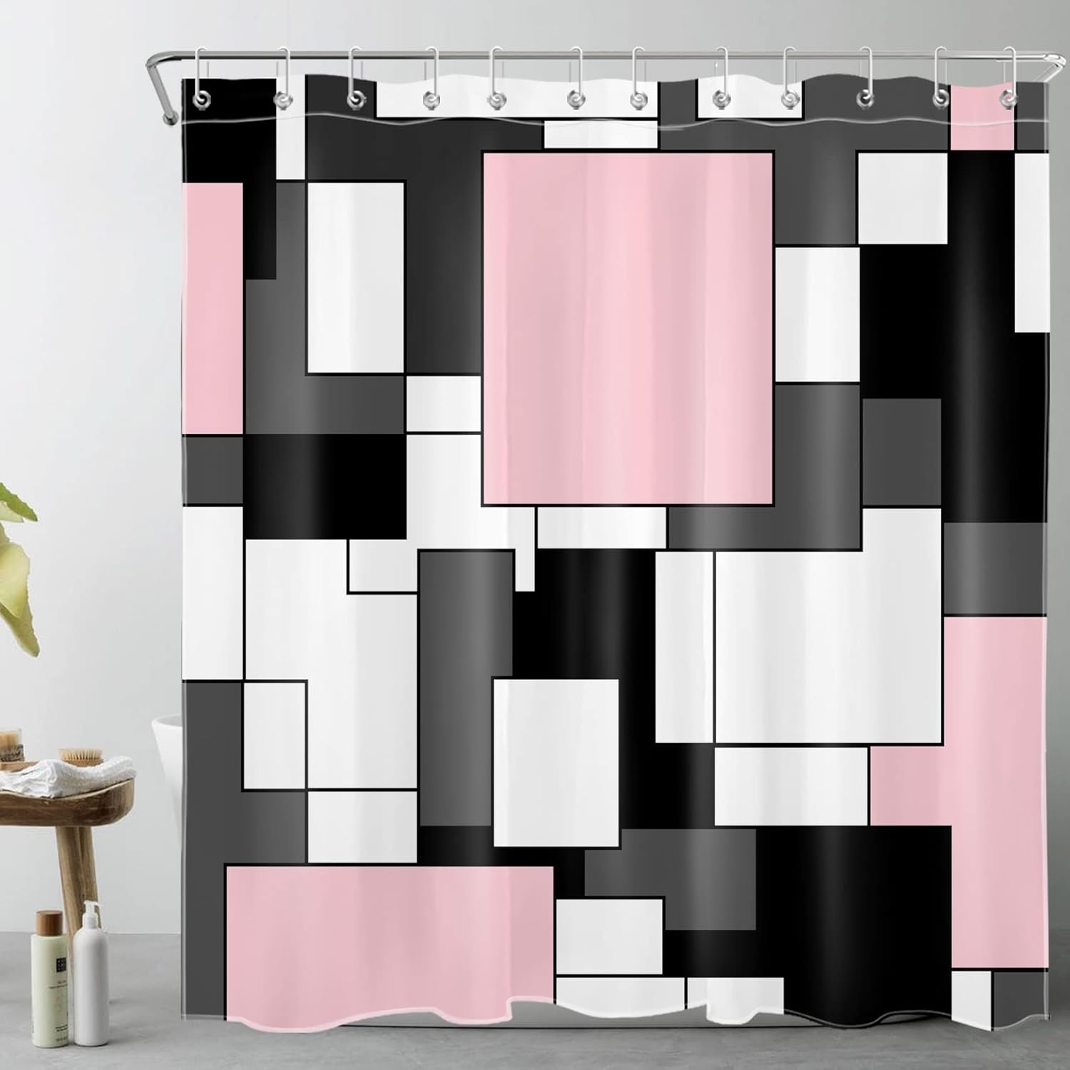 Modern Pink Shower Curtain for Bathroom, Grey Black and White Abstract Mid Century Minimalist Geometric Shower Curtains 72X78 inch Polyester Fabric Bathroom Decoration Bath Curtains Hooks Included