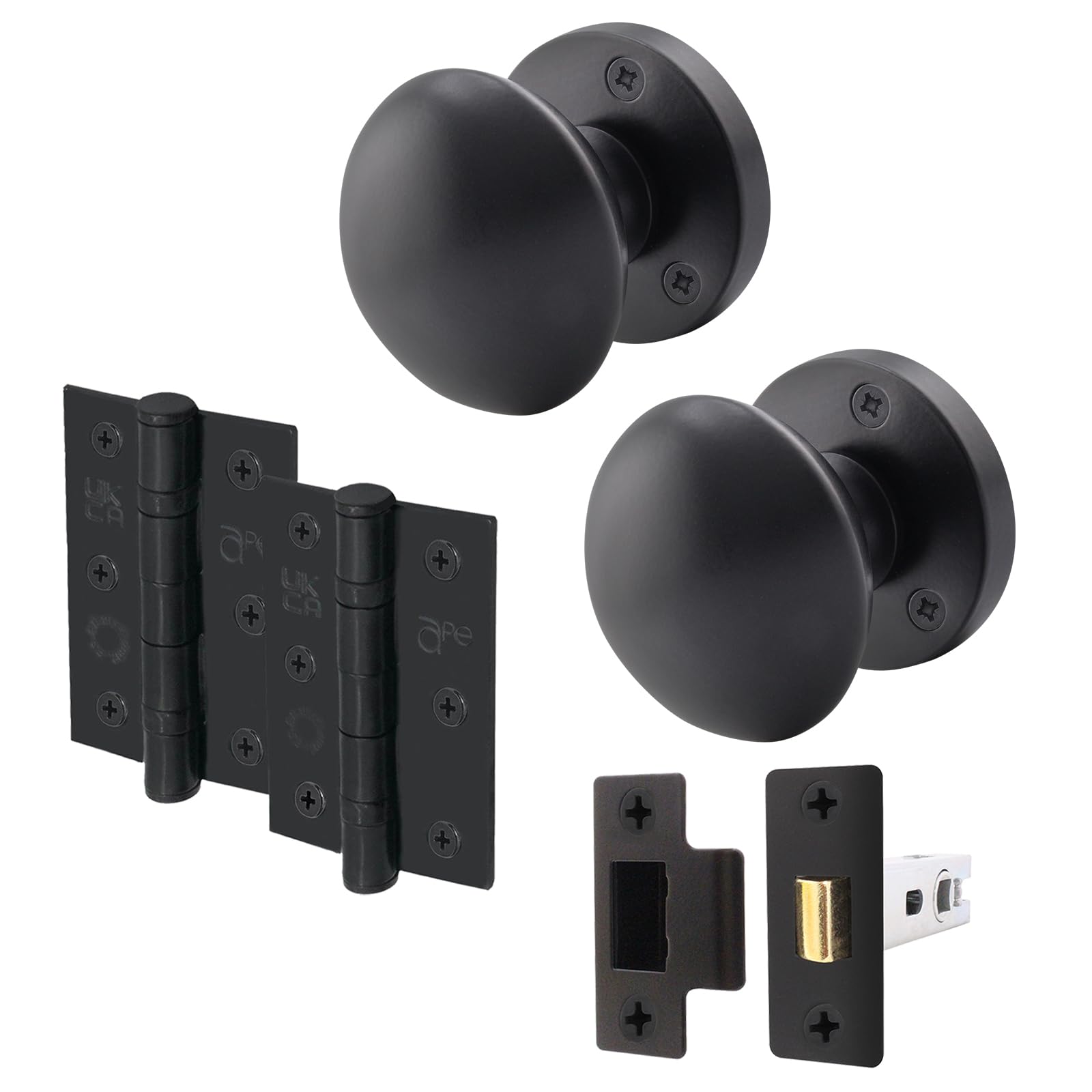 EAI Matt Black Door Knobs with Latch 76mm and Hinges, 1 Pack - Victorian