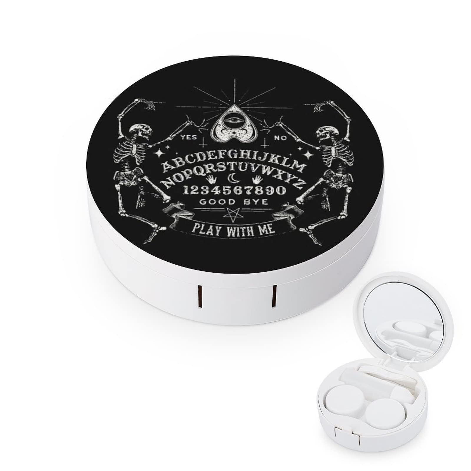 Bagea-Ka Vintage Skeleton Magic Ouija Black Pattern Contact Lens Case Box Eye Care Kit Holder Mirror Box with Tweezers Remover Tool Solution Bottle for Outdoor Travel & Home