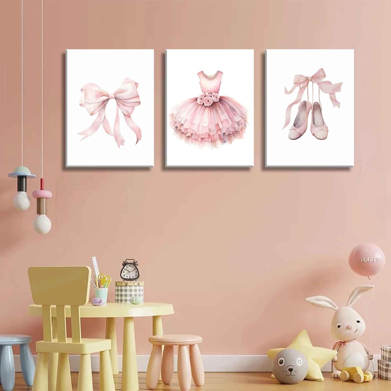 3Pcs Pink Ballet Nursery Canvas Wall Art Girls Baby Ballerina Painting Decor Picture Bow Dance Skirt Shoes Kids Posters Prints for Dance Studio Baby Room living Bedroom Decoration