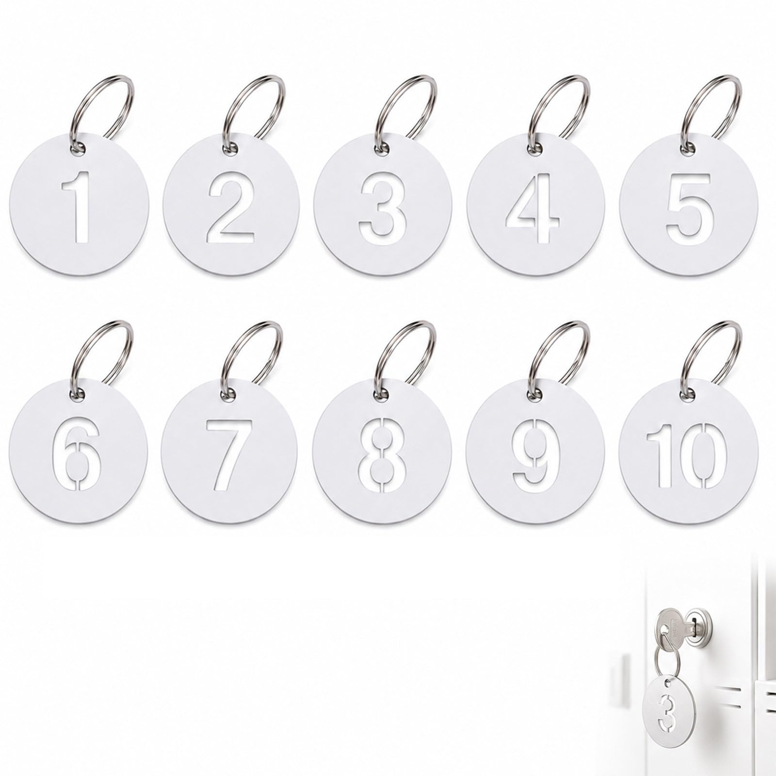 Whispern Cloud 10 Pack Numbered Key Tags 1-10, 3cm Stainless Steel Round ID Tags with Key Rings, Laser Engraved Corrosion Resistant Metal Tags for Lockers Keys Dormitory Office Gym, Silver