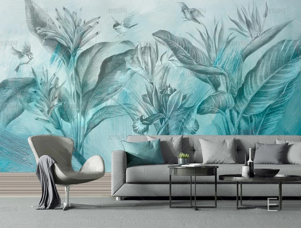 Papier peint intissé bleu au dessin fait main, décor panoramique mural d'exception