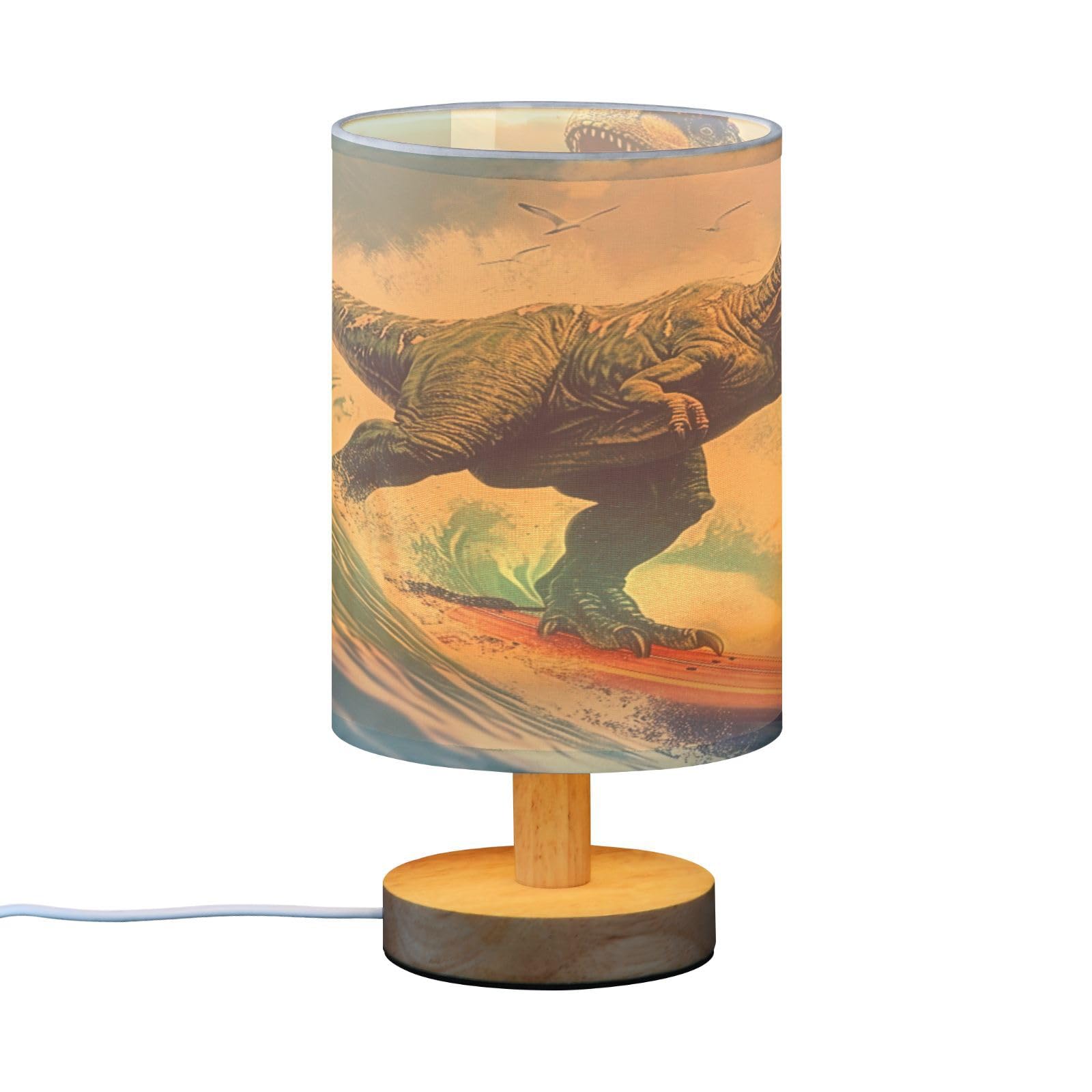 SDMKA Dinosaur on Surfboard Bedside Table Lamp for Bedroom, Minimalist Nightstand Lamp with Round Fabric Shade for Living Room, Office, No Bulb Required