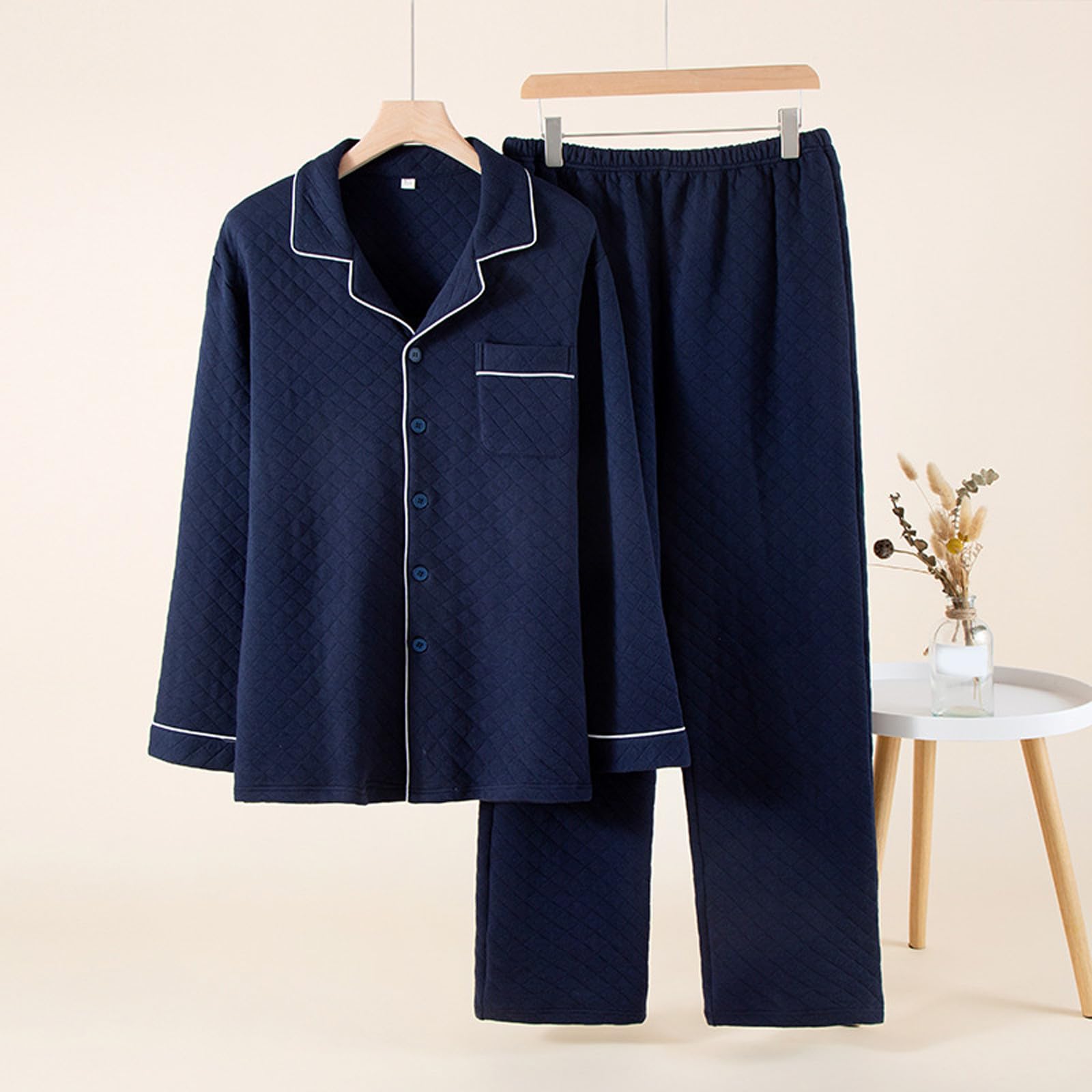 Pigiama lungo da uomo, set da 2 pezzi, biancheria da notte a maniche lunghe, scollo a V, pantaloni lounge, set lungo, per il tempo libero, autunno e inverno, 2 pezzi