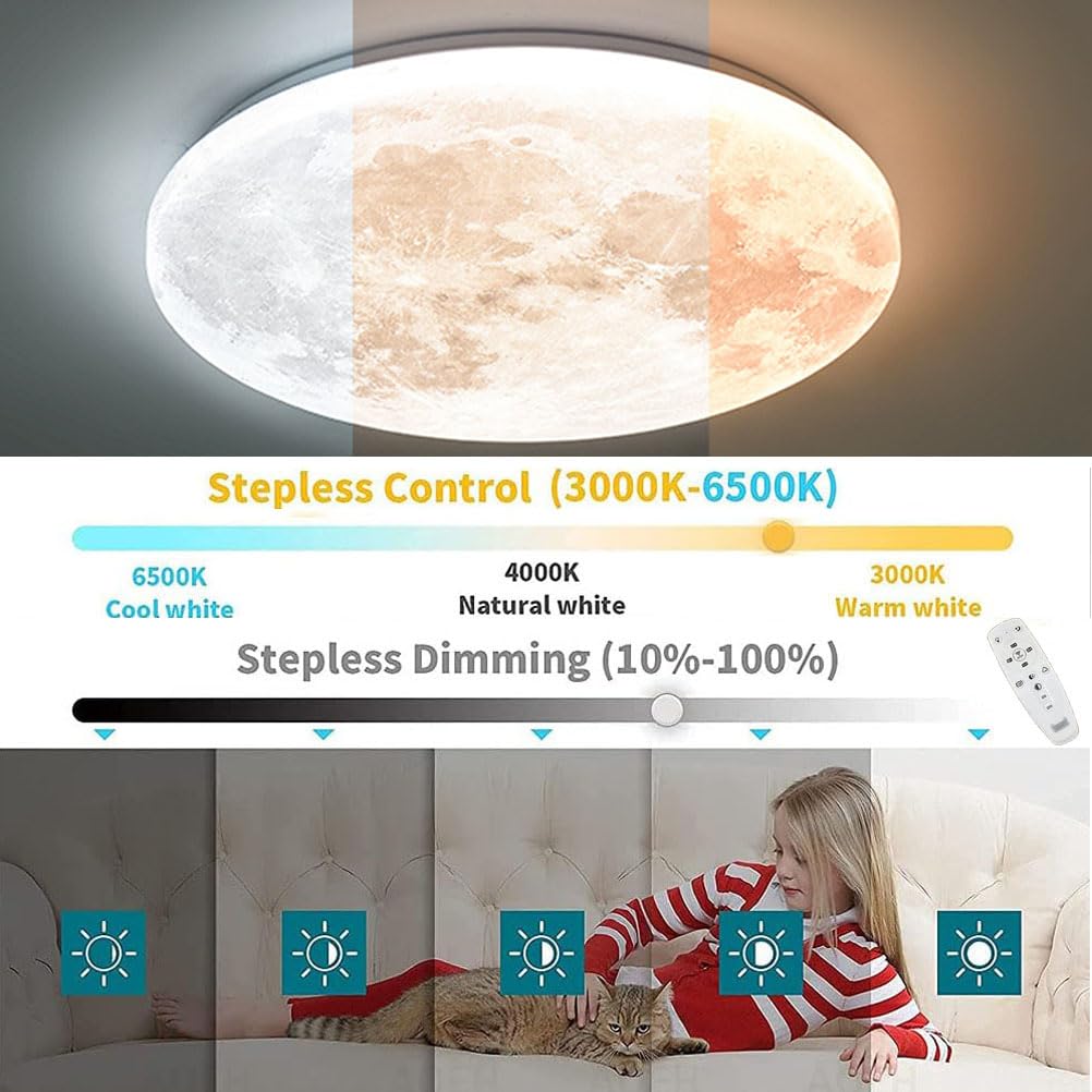Kinkiet wewnętrzny LED Księżyc sufitowy Nowoczesna lampa sufitowa Księżyc Ściemnialna lampa 3D Księżyc z pilotem Oświetlenie sufitowe do sypialni, salonu, Księżyc, 40 cm