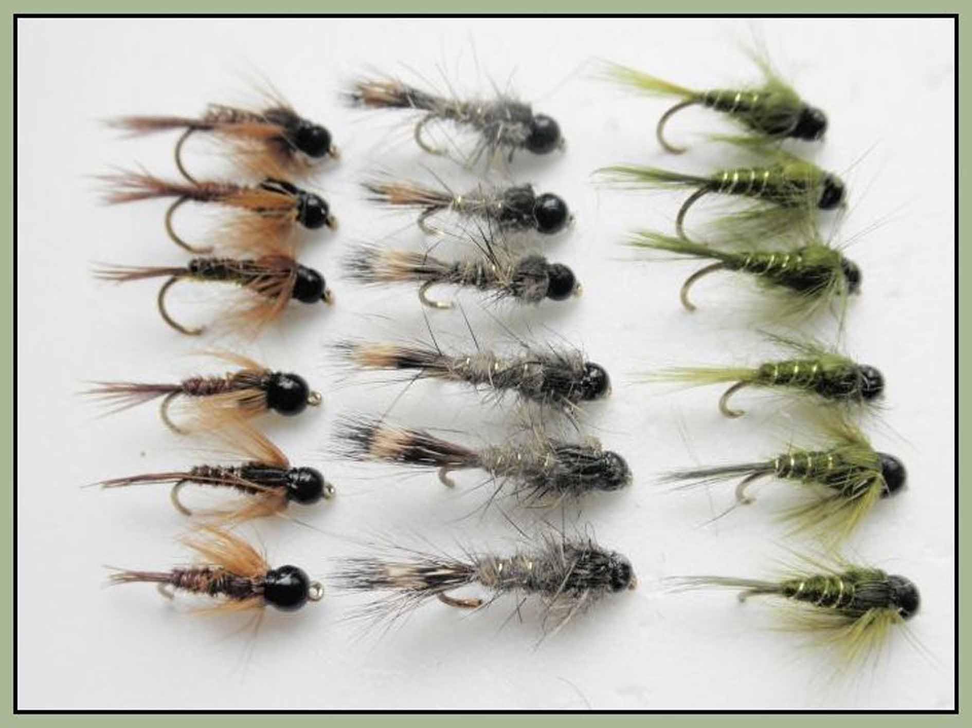 18 BARBLESS Tungsten Bead Trout Flies - Hares Ear, Olives, and Pheasant Tails, Choice of sizes (12)