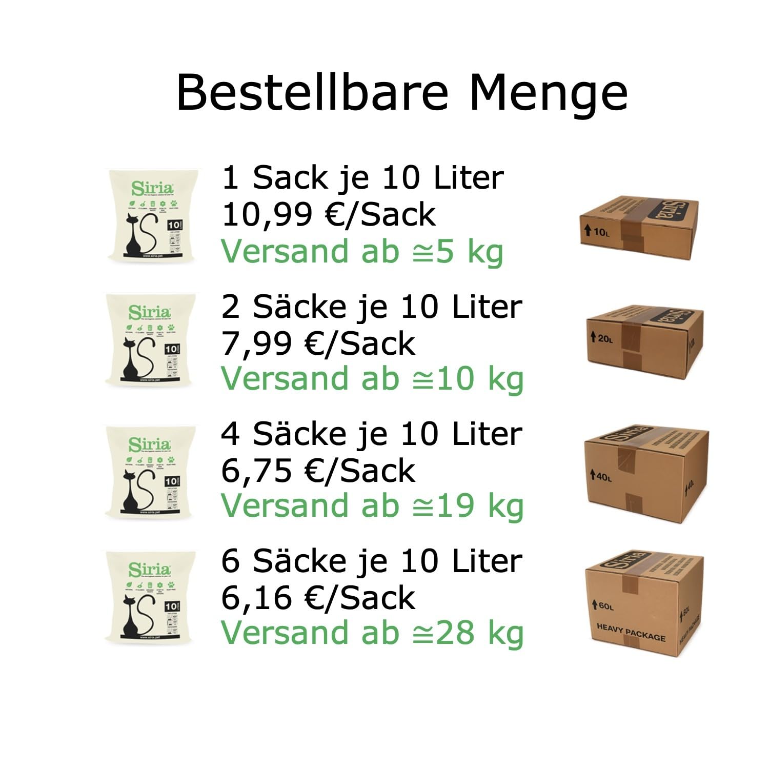Siria 60L-Katzenstreu Klumpend und Pflanzlich-Set 6 Sack je 10 Liter