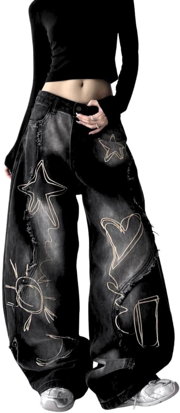 Baggy Jeans for Women Girls Star Barrel Jeans Wide Leg Embroidered Patchwork Denim Pants Cute Vintage Clothes - Image 2