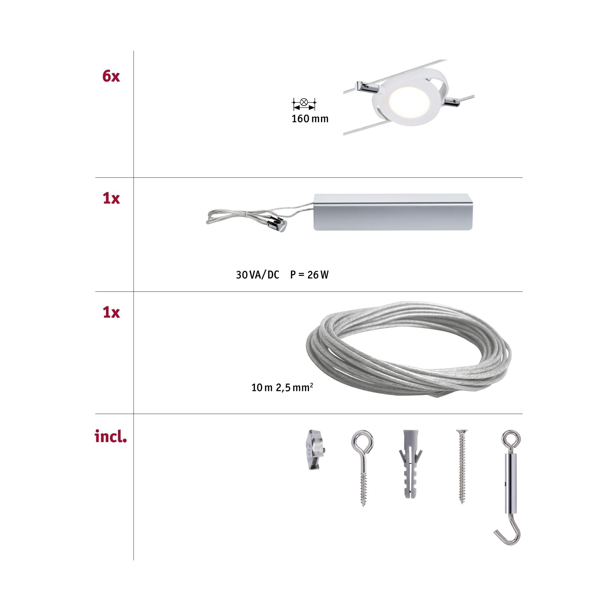 Paulmann 94106 LED sistema de cable RoundMac juego básico extensible blanco cálido 6x4W LED blanco mate cable luminaria luminaria colgante