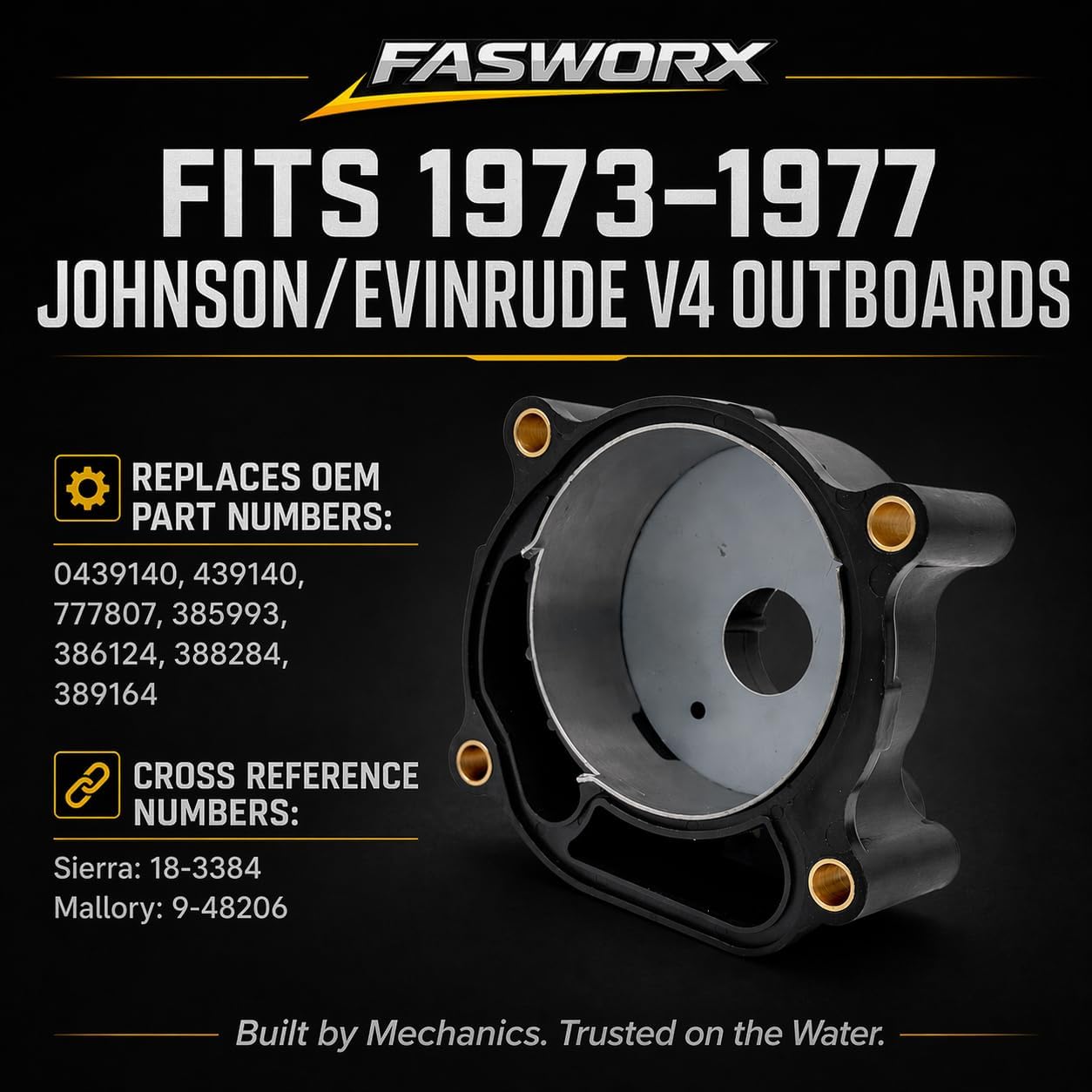 FASWORX Premium Water Pump Impeller Repair Kit with Housing for 1973-1977 Johnson Evinrude V4 85 115 135 HP Outboards, Replaces OEM 0439140 439140 777807 18-3384, Dual-Tube Recirculating System