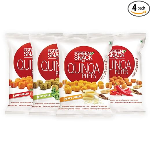 The Green Snack Co. Quinoa Puffs Variety Combo - Fiery Spice, Saucy Salsa, Zesty Kale, Peppy Cheese| 100% Roasted Healthy Snack |Party Pack of 50g x 4 Packs