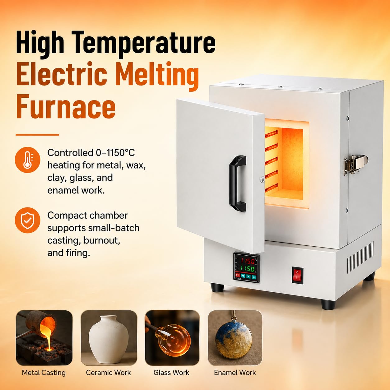 Horno de fusión eléctrico de alta temperatura, cámara de 16 x 16 x 13,8 cm