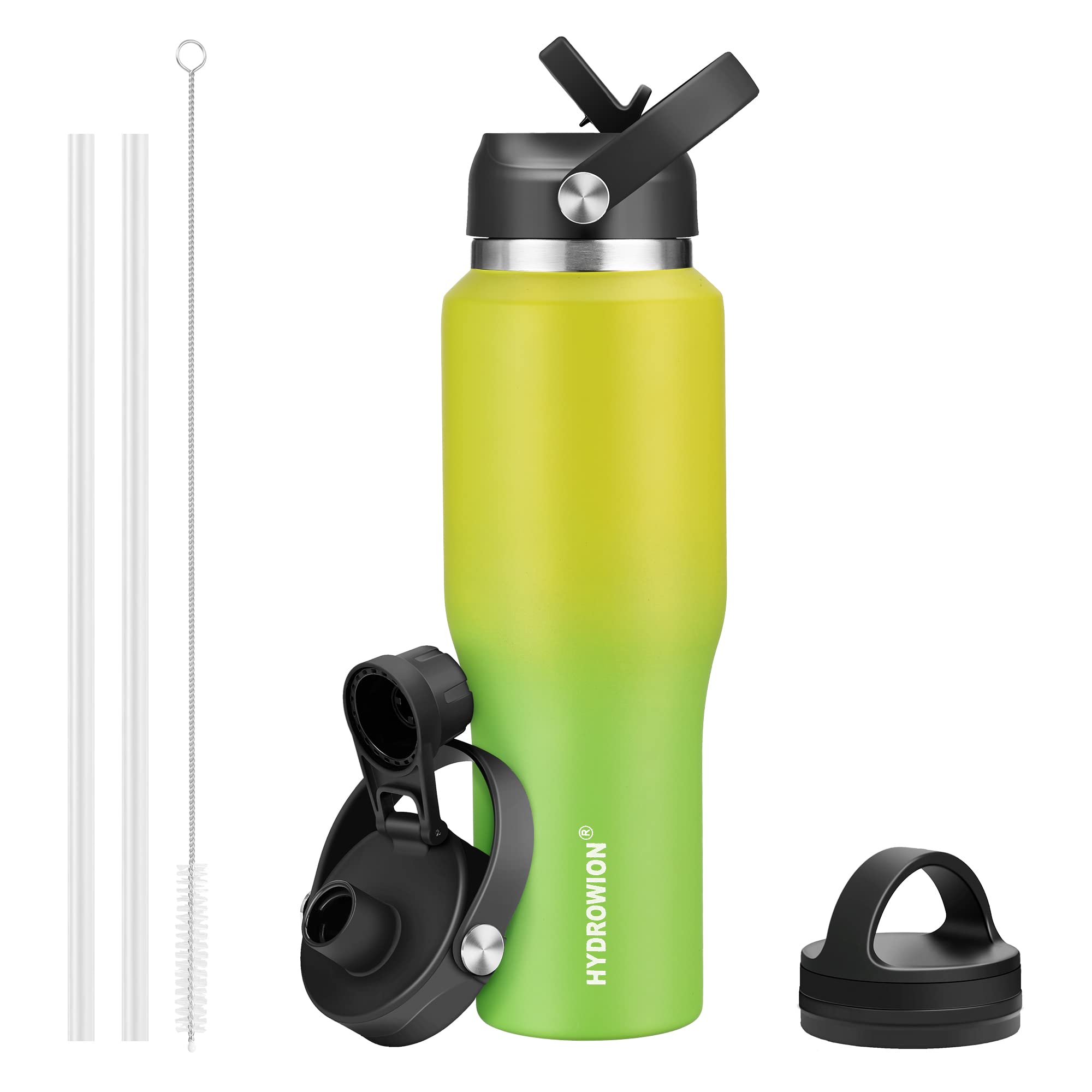 HYDROWION Water Bottle Stainless Steel,Vacuum Insulated Leak Proof Tumbler 32oz with Straw Lid, Spout Lid and Flex Cap(Cold for 48 Hrs, Hot for 24 Hrs), Fit in Any Car Cup Holder, Yellow&Green