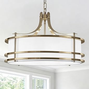 20" Gold Drum Chandelier Light Fixture, 5-Light Modern White Fabric Chandeliers Large Drum Pendant Light with Round Fabric Shade for Dining Room Kitchen Island Living Room Bedroom Hallway