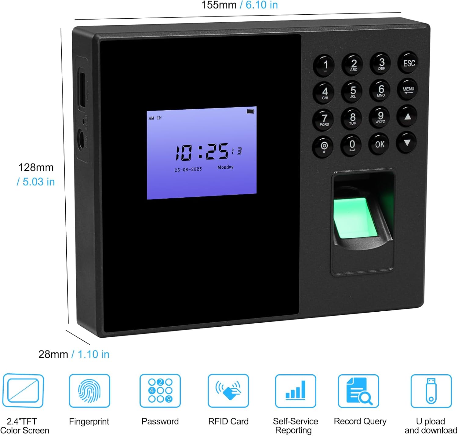 Image showing the dimensions of the time clock (155mm x 128mm x 28mm) and icons representing its features: 2.4-inch TFT Color Screen, Fingerprint, Password, RFID Card, Self-Service Reporting, Record Query, Upload and download.