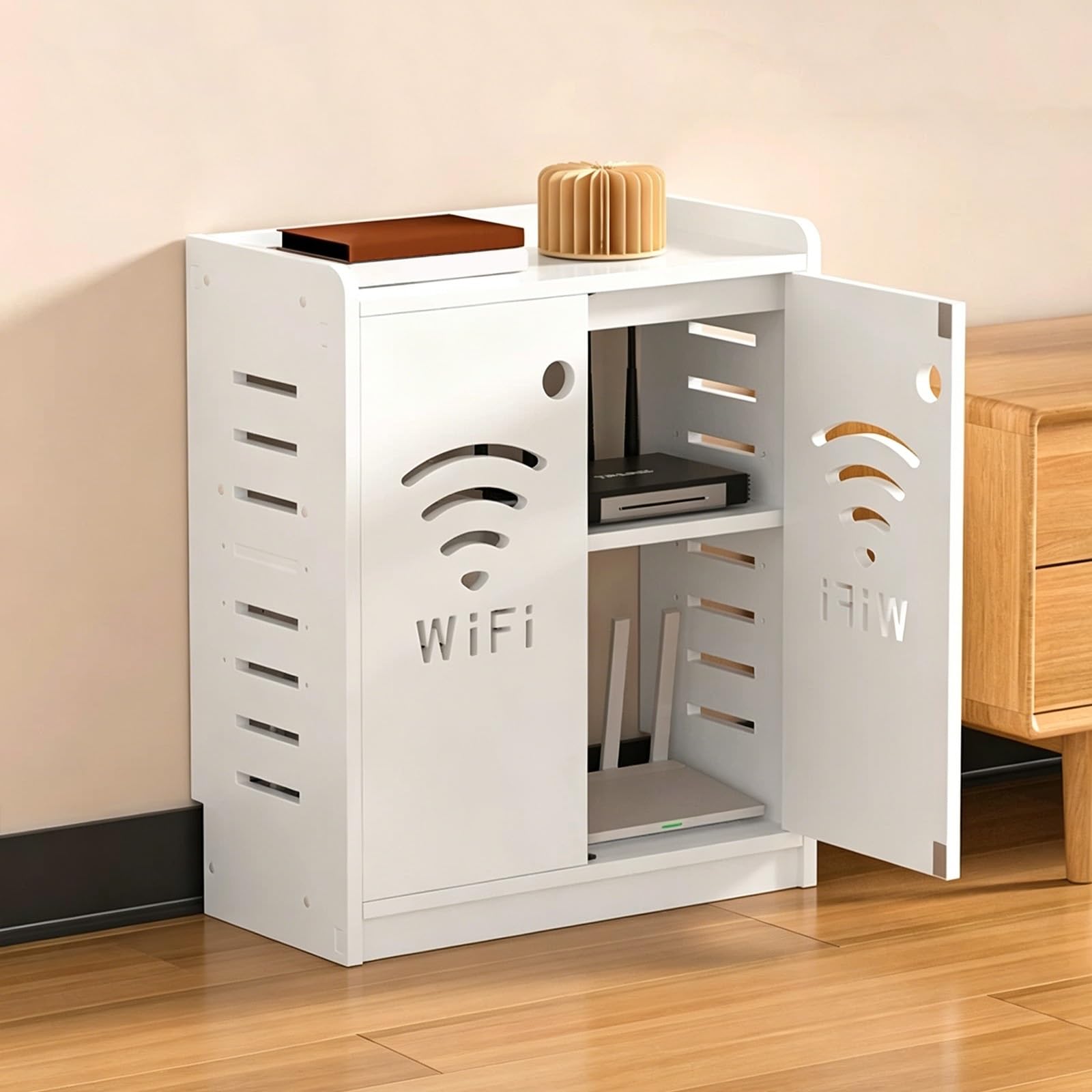 MESCXTY WiFi Router Hidden Box Home Media Storage Cabinet Modem, Power Strip and Cable Management Hider Organizer for Office(White B,19.7x23.6x9.8in)