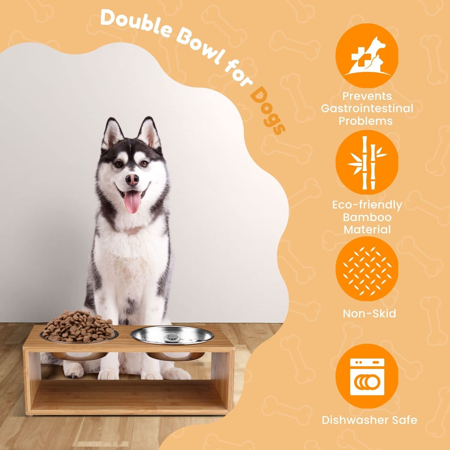 Flexzion Ciotole Elevate per Cani e Gatti - Stazione di Alimentazione Vassoio di Alimentazione Rialzato bambù con Doppio Piatto Cibo Acqua (18 Oz, 6 "di Altezza) Ciotola Rialzata con Supporto Acciaio