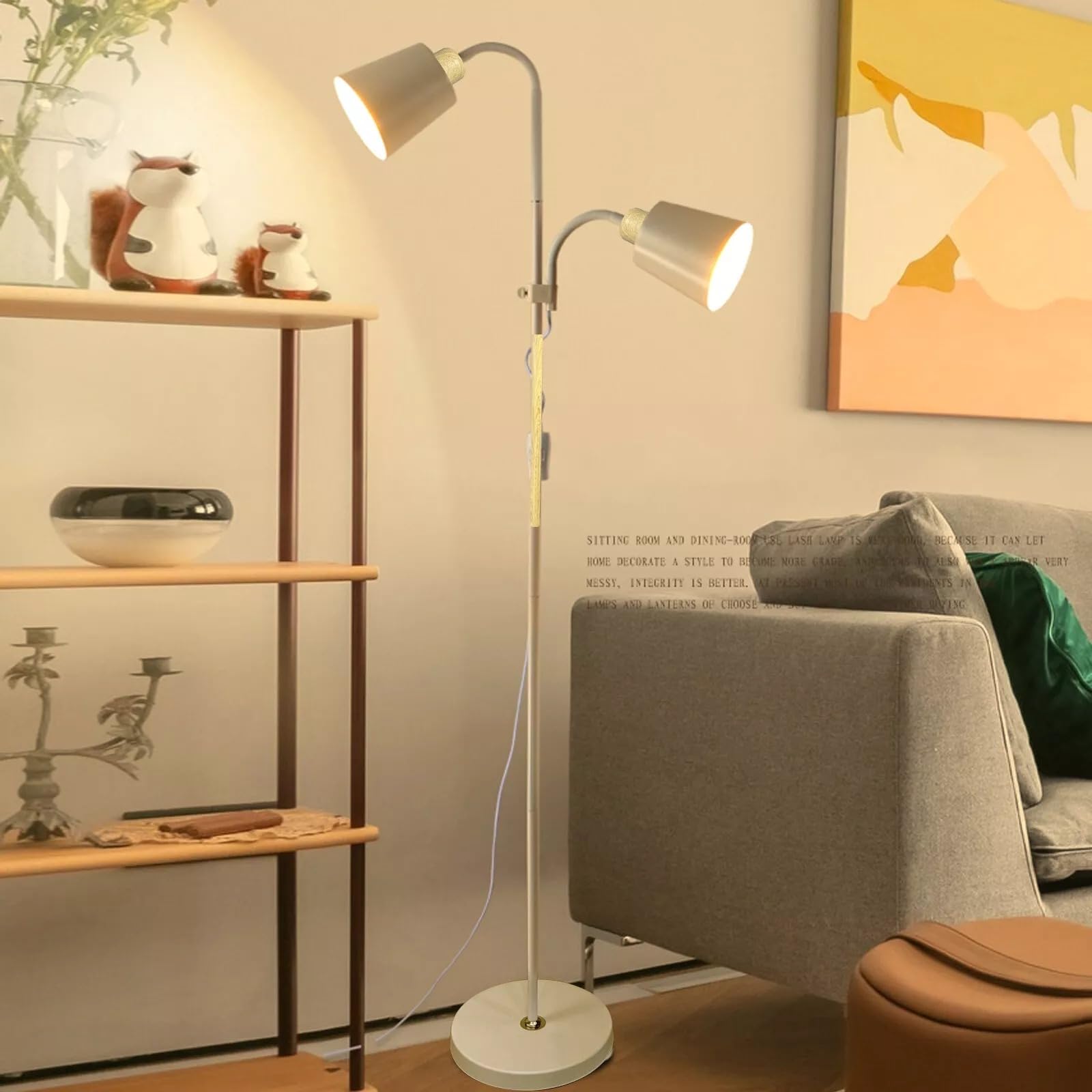 Burakh White Floor Lamp, Dual Heads Modern Design Floor Lighting, Tall Standing Lamp With 2 Adjustable Heads, Suitable For Living Room/Bedroom/Study Room/Office (White)
