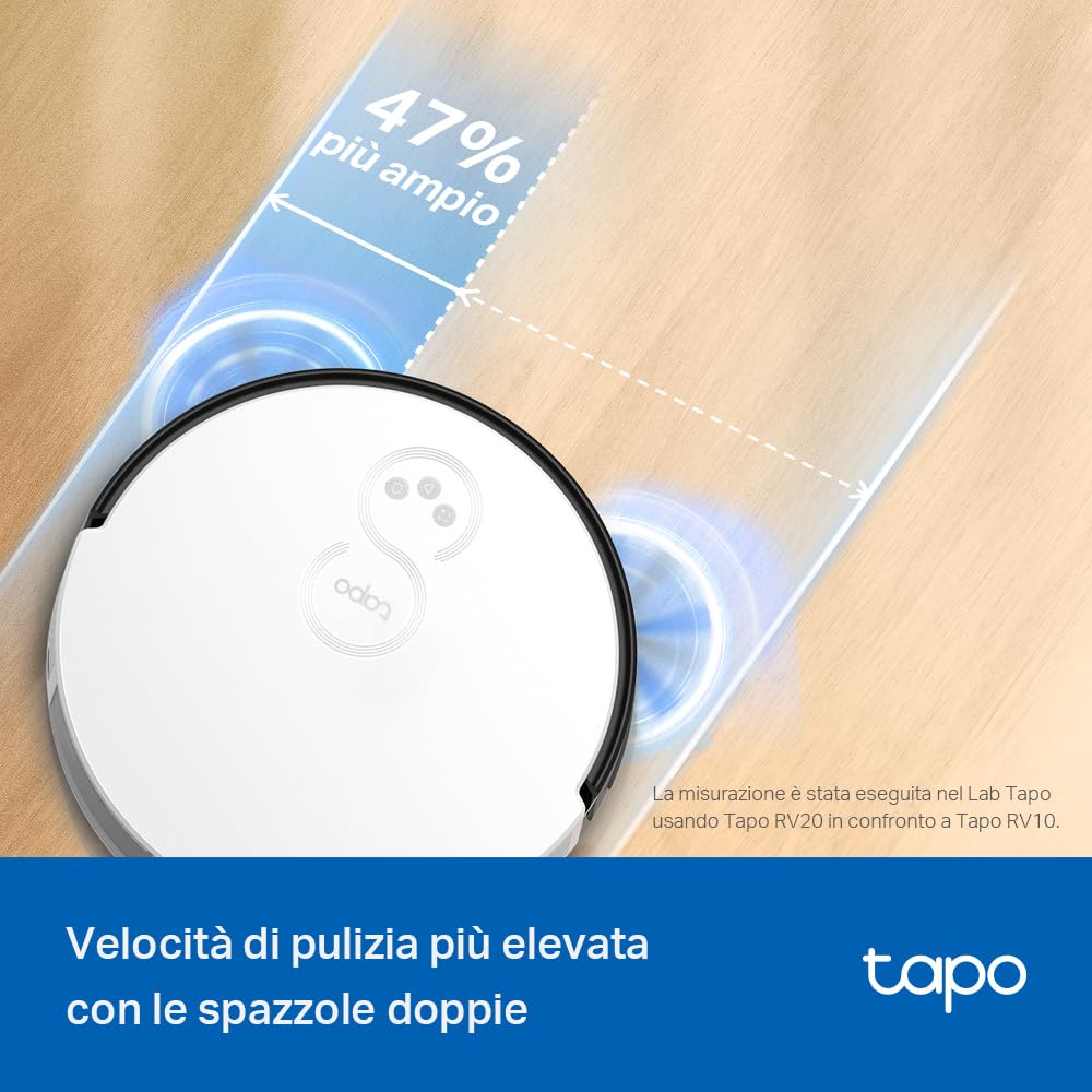 Tapo RV20 Mop Robot Aspirapolvere Lavapavimenti con Mappatura, Navigazione LiDAR MagSlim, Design Ultra Compatto 7.8 cm, Zone No-Go e Muri Virtuali, Aspirazione da 2700Pa, Controllo APP&Alexa&Google
